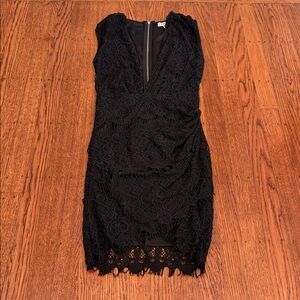 Tobi Black Lace Mini Dress – Deep V Plunge – Faux Wrap – Size Small
